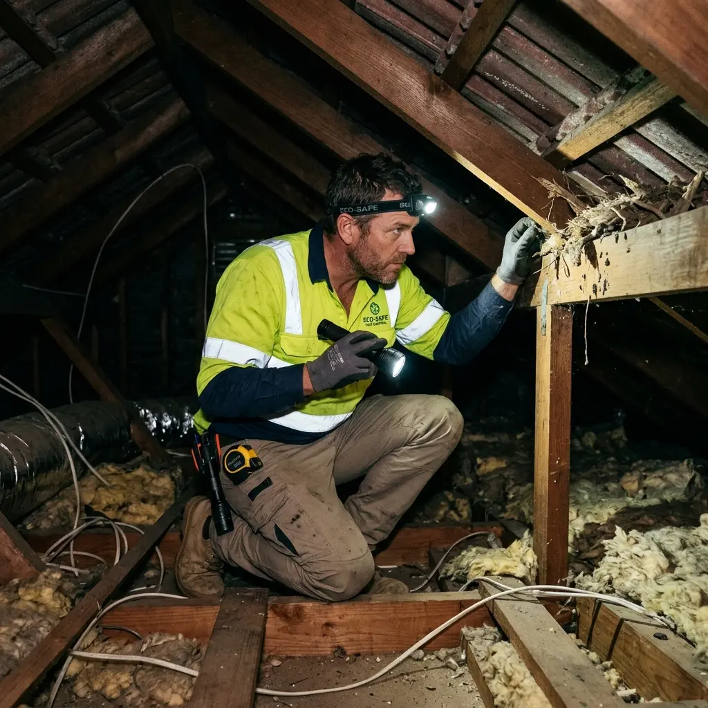 Technician inspecting a roof cavity for a dead animal in Derrimut
